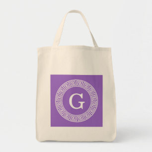 Amethyst Wht Greek Key Rnd Frame Initial Monogram Tote Bag