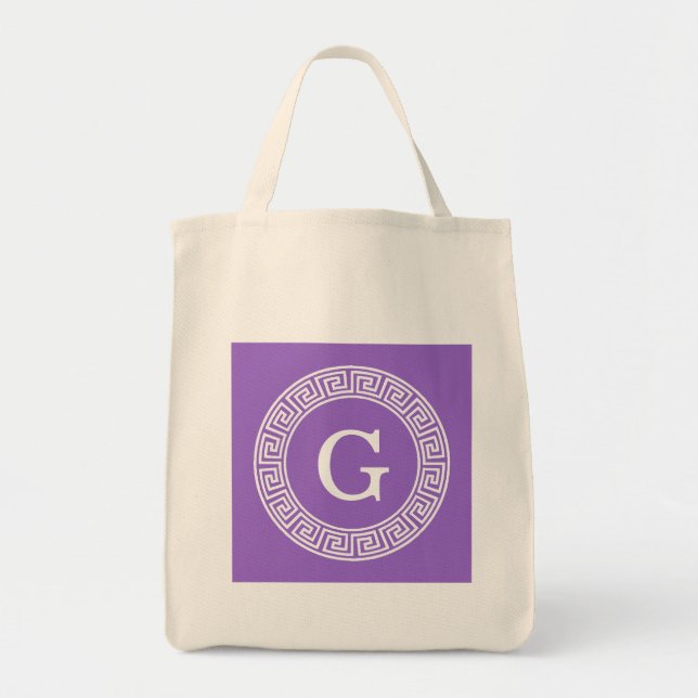 Amethyst Wht Greek Key Rnd Frame Initial Monogram Tote Bag (Front)