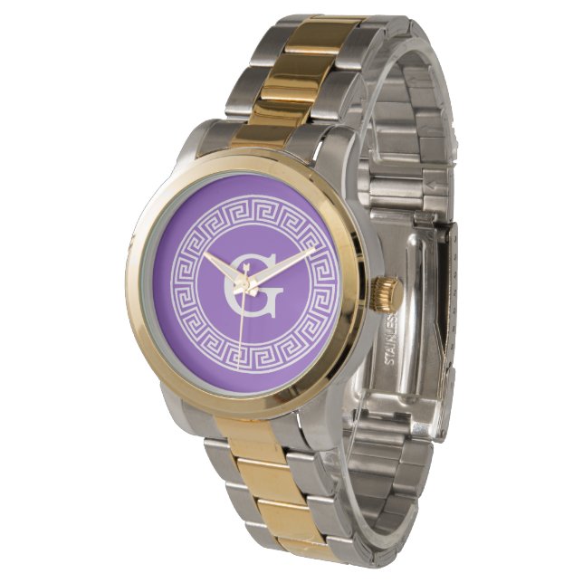 Amethyst Wht Greek Key Rnd Frame Initial Monogram Watch (Angled)