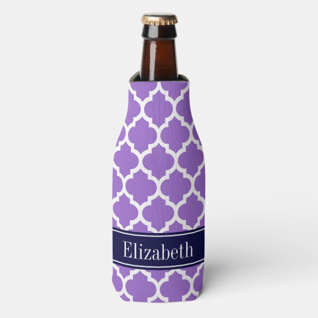 Amethyst Wht Moroccan #5 Navy Blue Name Monogram Bottle Cooler (Bottle Front)