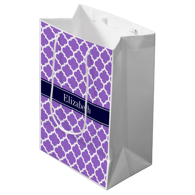 Amethyst Wht Moroccan #5 Navy Blue Name Monogram Medium Gift Bag (Front Angled)