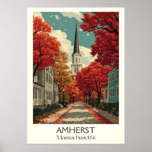 Amherst Massachusetts Vintage Fall Town Travel Art Poster