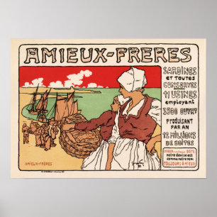 AMIEUX-FRERES sardine Fish Fisherman Old French Poster