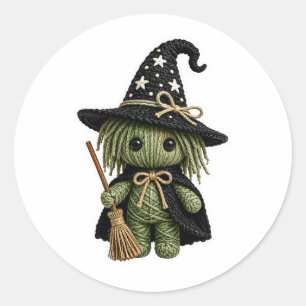 Amigurumi Style Stitched Green Witch with Broom Classic Round Sticker