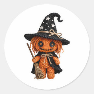 Amigurumi Style Stitched Pumpkin Witch with Broom Classic Round Sticker