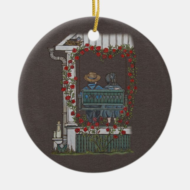 Amish Couple On Porch Swing Ceramic Ornament (Front)