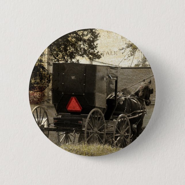 Amish Horse and Buggy Sepia Postcard Digital Art 6 Cm Round Badge (Front)
