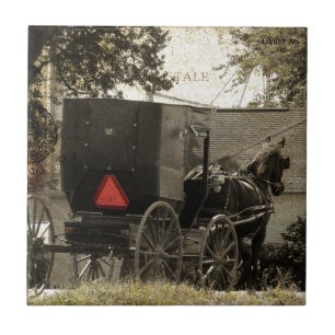 Amish Horse and Buggy Sepia Postcard Digital Art Tile