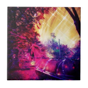 Amish Horse and Buggy Trippy Colourful Digital Art Ceramic Tile