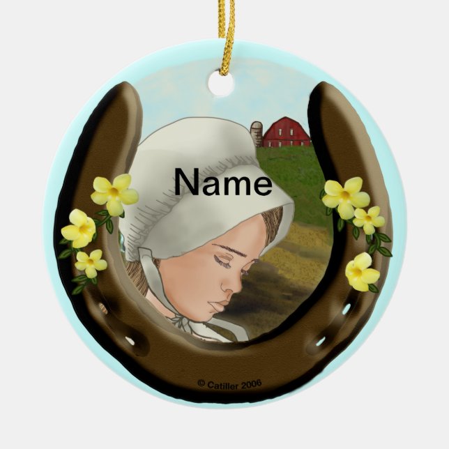 Amish Horseshoe Girl Ceramic Ornament (Front)