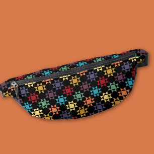 Amish Quilt Print Bright Colours on Black Patterne Bum Bags