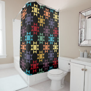 Amish Quilt Print Bright Colours on Black Patterne Shower Curtain