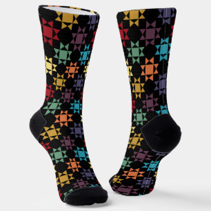 Amish Quilt Print Bright Colours on Black Patterne Socks