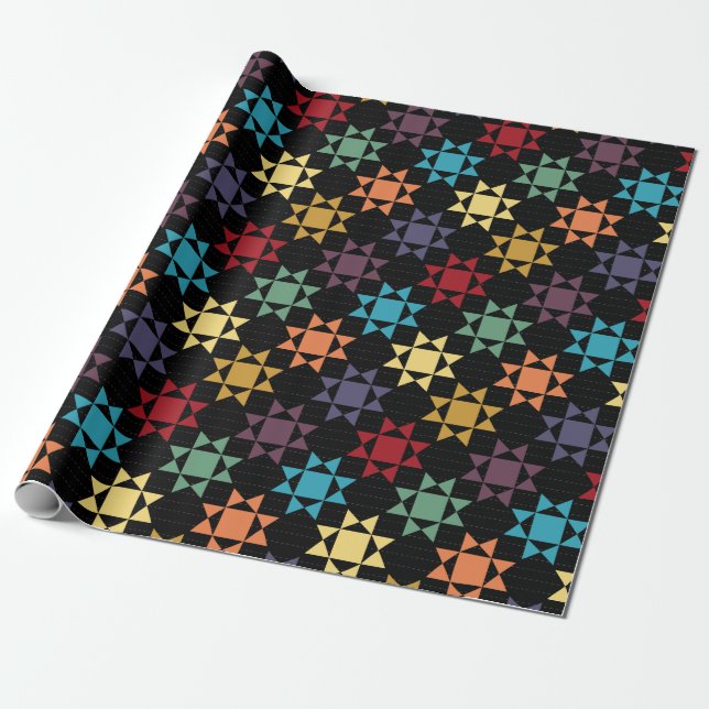 Amish Quilt Print Bright Colours on Black Patterne Wrapping Paper (Unrolled)