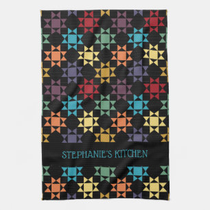 Amish Quilt Print Bright Colours Personalised Tea Towel