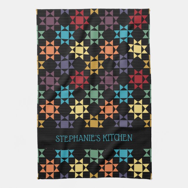 Amish Quilt Print Bright Colours Personalised Tea Towel (Vertical)