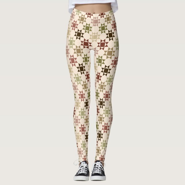 Amish Quilt Print Cream Neutral Colours Patterned Leggings (Front)