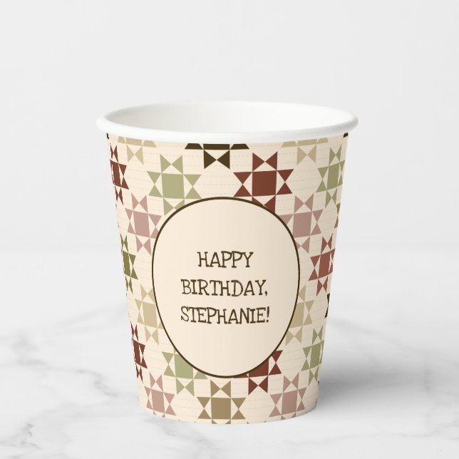 Amish Quilt Print Neutral Colours Personalised Paper Cups (Front)