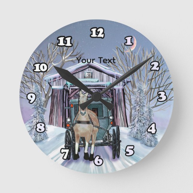 Amish Winter Covered Bridge  Round Clock (Front)