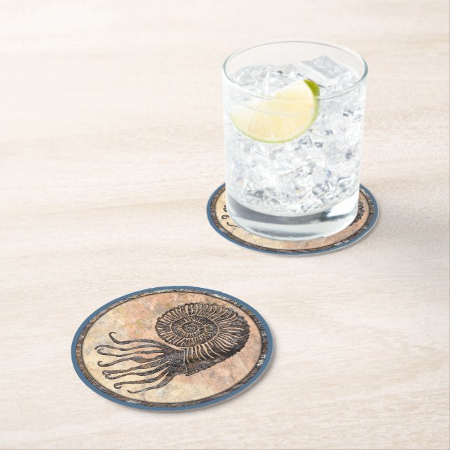 Ammonite Fossil Round Paper Coaster (Insitu)