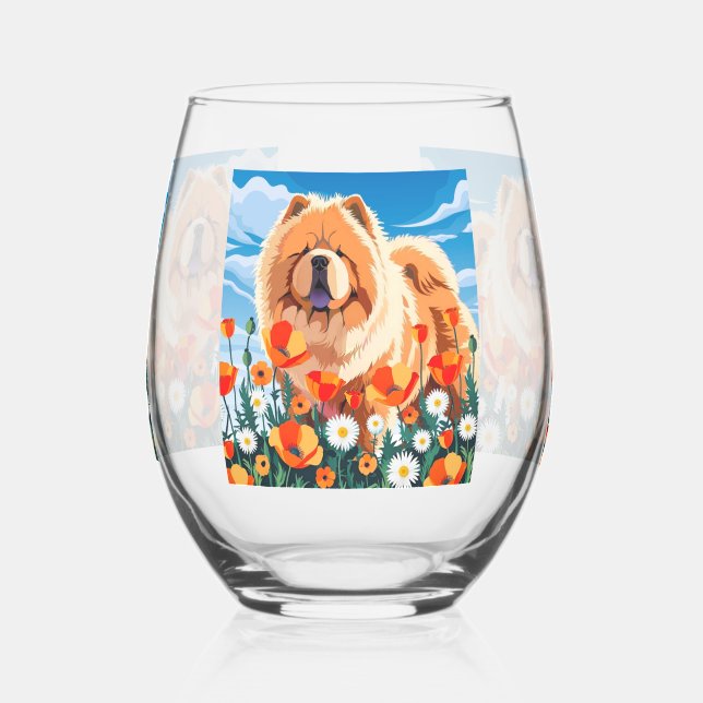 AMONG THE POPPIES Chow  Stemless Wine Glass (Left)