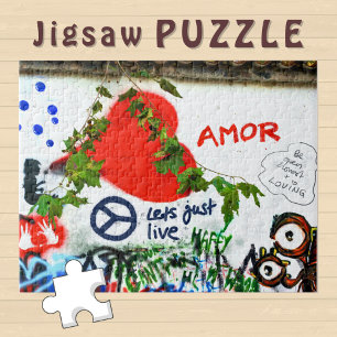 Amor Heart and Peace on a Graffiti Wall -  Jigsaw Puzzle