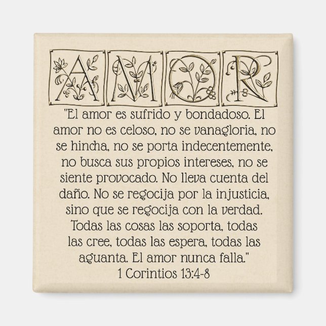 Amor...Love is...Scripture Magnet~Spanish~Gold Magnet (Front)