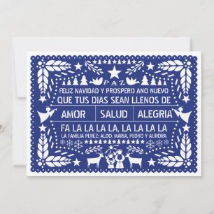 Amor, salud, alegría papel picado blue Christmas Holiday Card