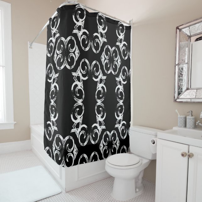 Amora 5 Black and White Shower Curtain (In Situ)