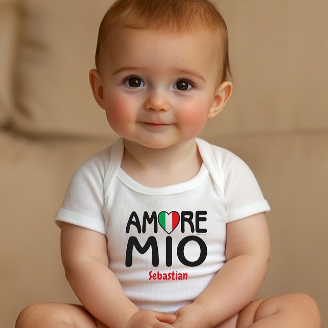 AMORE MIO.ai Baby Bodysuit (Amore Mio with Italian Flag Heart personalized white baby bodysuit for baby shower gift, new mom )
