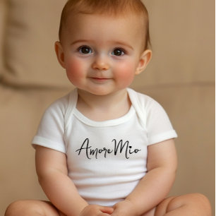 Amore Mio Chic Black Script on White Baby Bodysuit