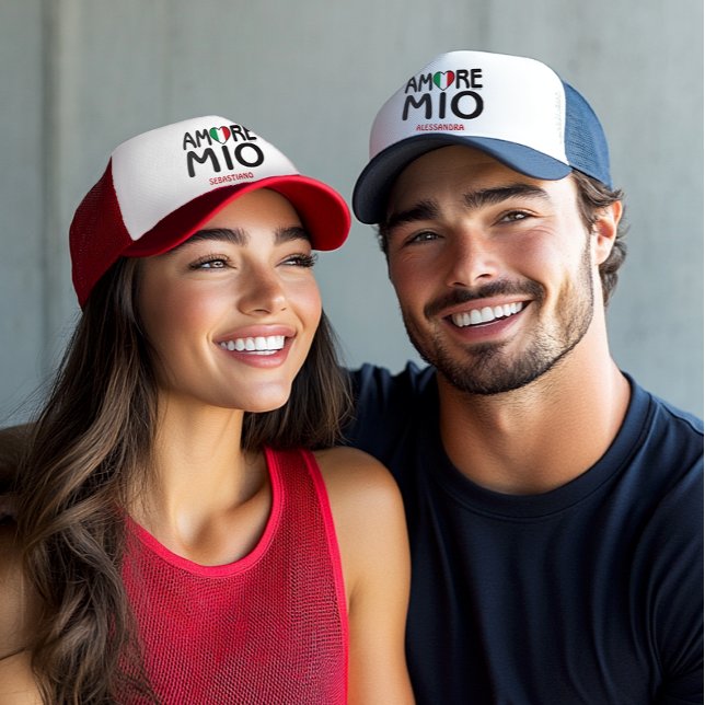 AMORE MIO Personalised Trucker Hat (Amore Mio Couples Personalized Trucker Hat with Italian Flag Heart as O in Amore)