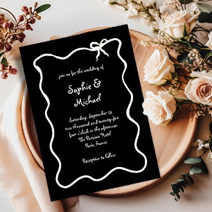 Amour Black   Illustrated French Bow Wedding Invitation