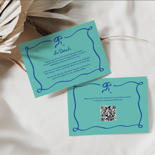 Amour Blue and Teal Bow Wedding Details QR Code Enclosure Card