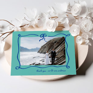 Amour   Blue and Teal French Bow and Photo Wedding Thank You Card