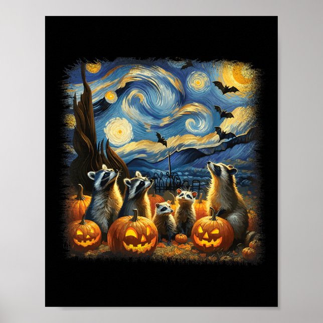&amp; Possum Halloween Fall Van Gogh Starry Night  Poster (Front)