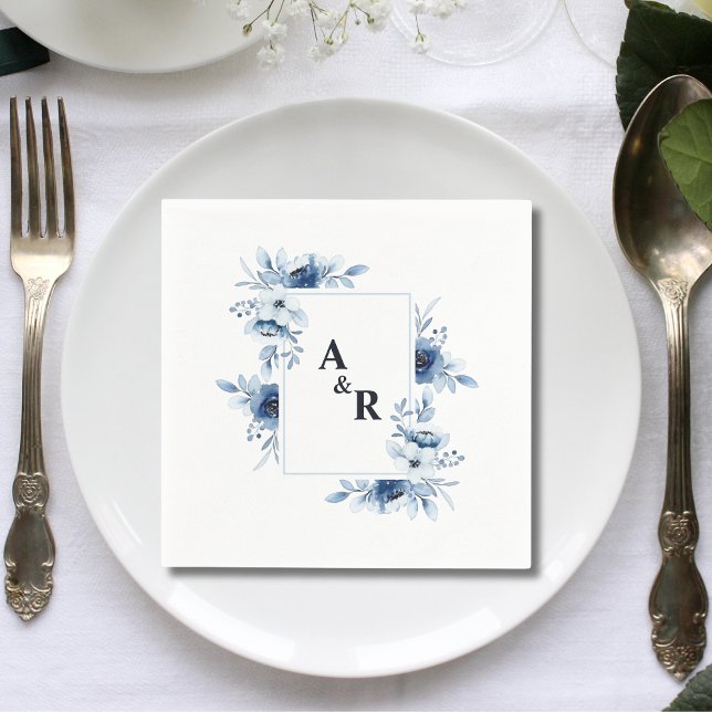 Ampersand Blue Floral Couple Initials Wedding Napkin (Creator Uploaded)