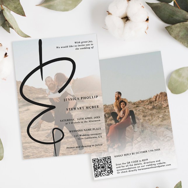 Ampersand chic photo calligraphy Qr code wedding  Invitation (Creator Uploaded)
