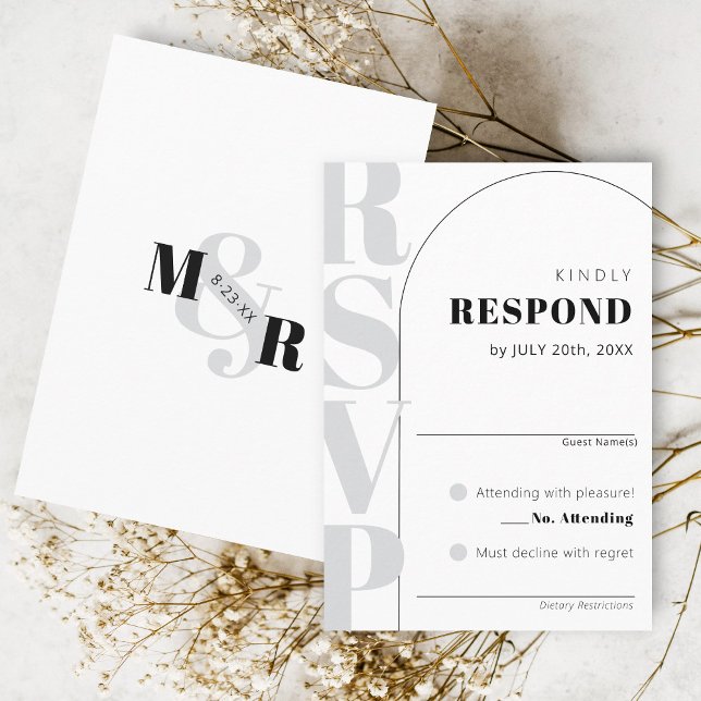 Ampersand Modern White Arch Wedding RSVP Card (Classy arch matching modern wedding invitation RSVP card, ampersand monogram black and white)