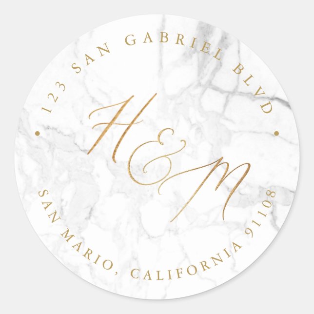 Ampersand Monogram Calligraphy Faux Gold Marble Classic Round Sticker (Front)