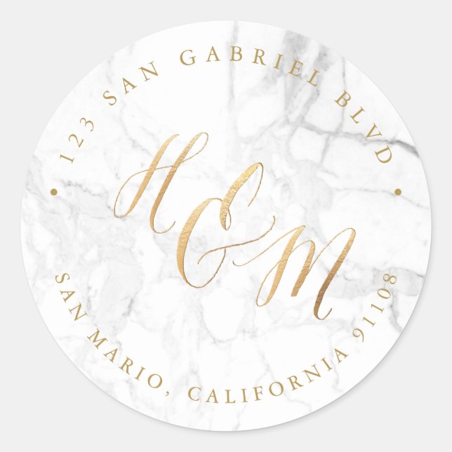 Ampersand Monogram Calligraphy Faux Gold Marble Classic Round Sticker (Front)