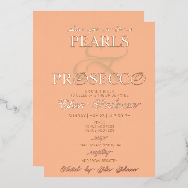 Ampersand Peach Fuzz Pearls Prosecco Bridal Shower (Front/Back)