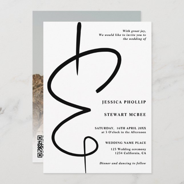 Ampersand photo modern calligraphy Qr code wedding Invitation (Front/Back)