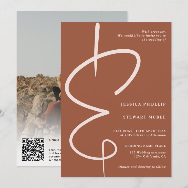 Ampersand photo terracotta script Qr code wedding Invitation (Front/Back)