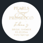 Ampersand White Pearls & Prosecco Bridal Shower Classic Round Sticker<br><div class="desc">Are you planning the wedding of your dreams? With its minimalist style, this Pearls & Prosecco Ampersand Bridal Shower or Bachelorette Party design is the perfect choice for your bridal or wedding shower. Easily customise the design to suit your needs. For matching items, different colours, and party favours, please check...</div>