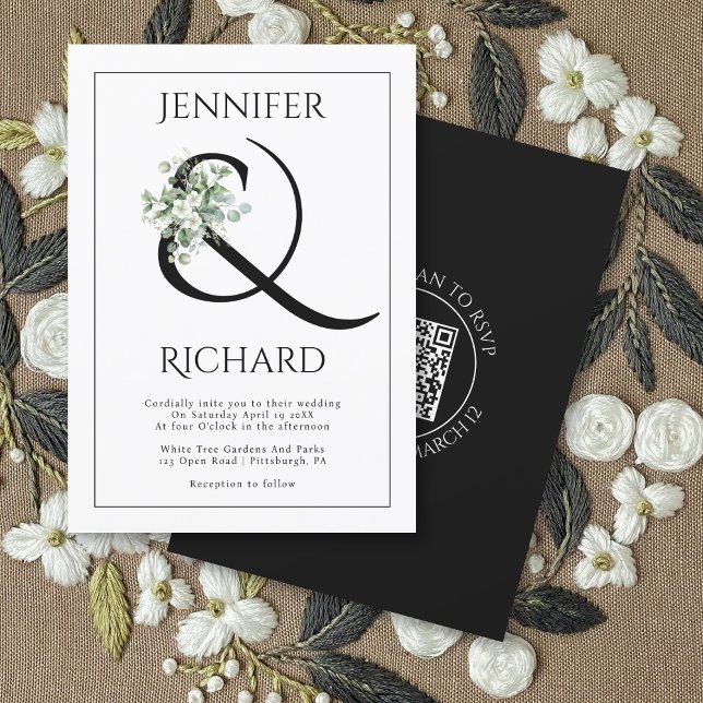 Ampersand with eucalyptus branch and QR wedding Invitation (Creator Uploaded)