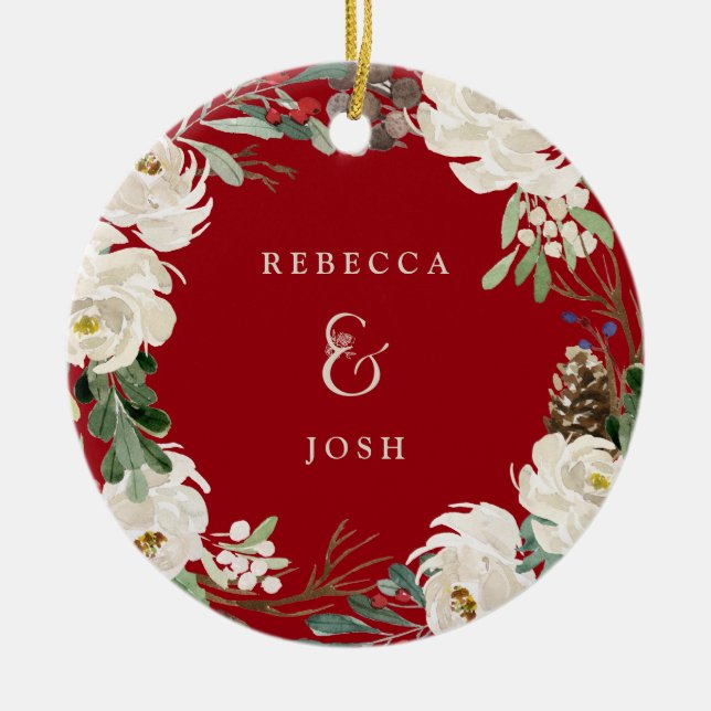 Ampersand Wreath Red | Couples Photo Christmas Ceramic Ornament (Front)