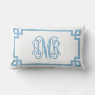 AMR Sky Blue Greek Key Script Monogram Lumbar Cushion