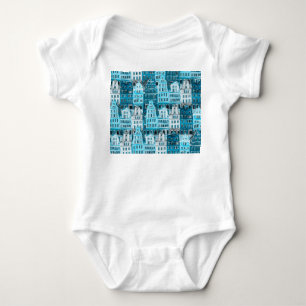 Amsterdam architecture, blue watercolor texture. baby bodysuit