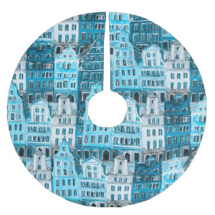 Amsterdam architecture, blue watercolor texture. brushed polyester tree skirt